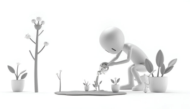 Minimal 3D Character Planting and Gardening Scene