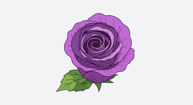 A stylized purple rose with green leaves on a light gray background