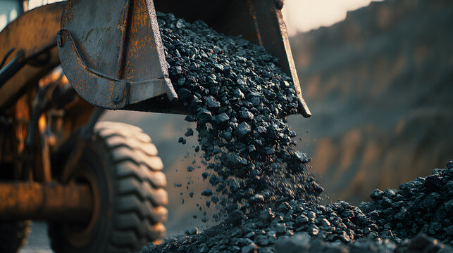 Wheel loader pouring coal into pile at mining site