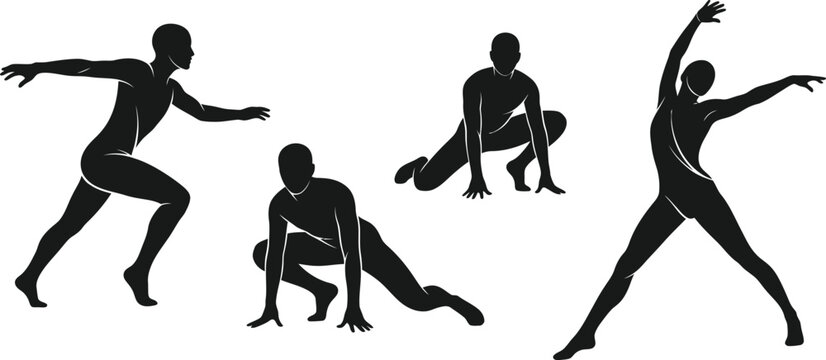 Silhouettes of dancers performing dynamic poses with figure skating, silhouette
