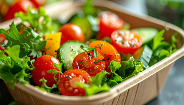 Healthy vegetable salad in eco craft container, organic lunch take away meal. Fresh greens, cherry tomatoes and cucumbers. Tasty food.