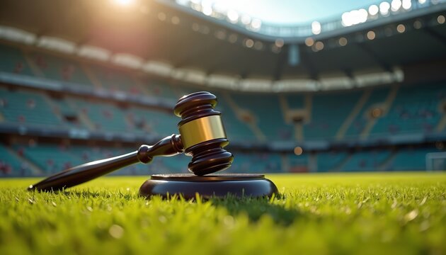 Gavel rests on green grass of sports stadium field. Legal justice concept for sports disputes and fair play. Arbitration and court for games.