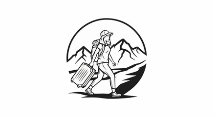 Obraz premium Woman with backpack and suitcase walks towards mountains