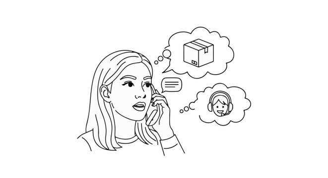 Woman talking on phone with thoughts of package and customer service