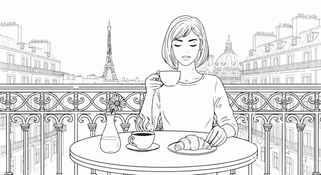 Woman enjoys coffee and croissant on Parisian balcony overlooking cityscape