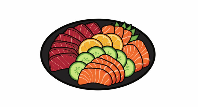 A stylized platter of sashimi featuring tuna, salmon, cucumber, and orange slices