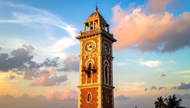 Historic clock tower against a dramatic sunset sky