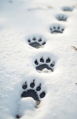 Fototapeta premium Animal paw prints mark snowy path. Clear impressions left on white ground suggest wild mammal recent movement through cold winter terrain. Nature subtle signs tell story of wilderness survival,