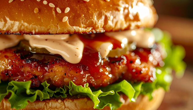 Juicy Japanese chicken burger with teriyaki glazed patty, fresh lettuce and creamy mayo, fast food, appetizing snack.