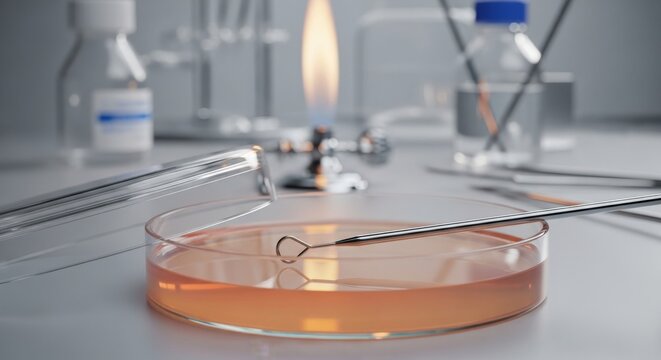 Petri dish with inoculation loop and Bunsen burner flame