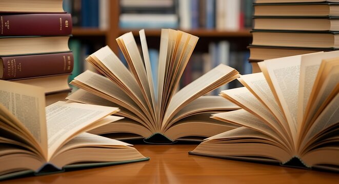 Open books stacked on wooden table in library or study room