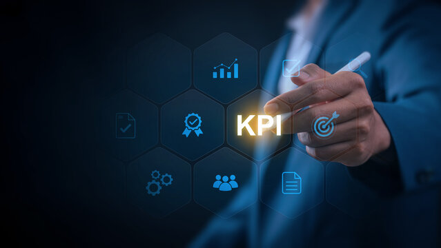 kpi business analytics and data management concept. businessman using dashboard interface, corporate data metrics tracking, strategic planning, track performance metrics and optimize strategy decision