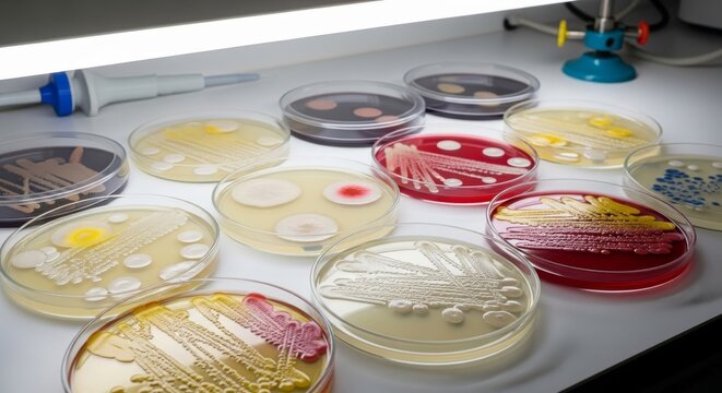 Petri Dishes Filled with Bacterial Cultures in Laboratory