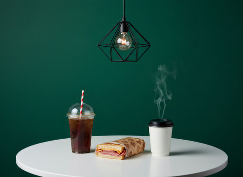 Sandwich with cold drink and hot coffee in paper cup on white table. Takeaway food and drink set for lunch break. Cafe interior concept with modern pendant lighting and green wall.