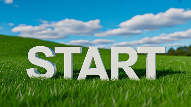 Start concept with word on green grass field representing new beginning and opportunity