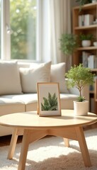 Fototapeta premium Bright living room scene with minimalist decor. Wooden table holds framed plant art and small potted tree. Sofa and bookshelf visible near sunlit window. Cozy home interior.