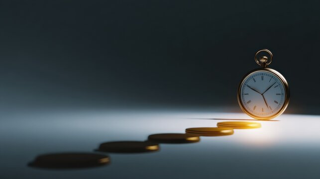 A golden pocket watch sitting on the golden coins shows the time. The coins are arranged as steps
