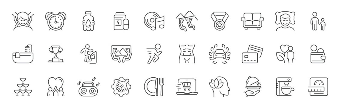 Family wellness outline icon set: thin line editable stroke icons of fitness, health, leisure, and happiness