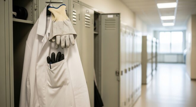 Protective Lab Coat and Gloves Hanging Near Lockers