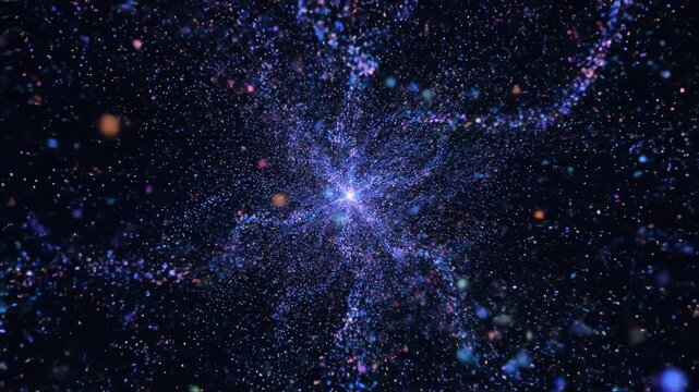 A cosmic explosion of colorful particles bursts forth from a central point of bright light, creating a swirling galaxy-like effect