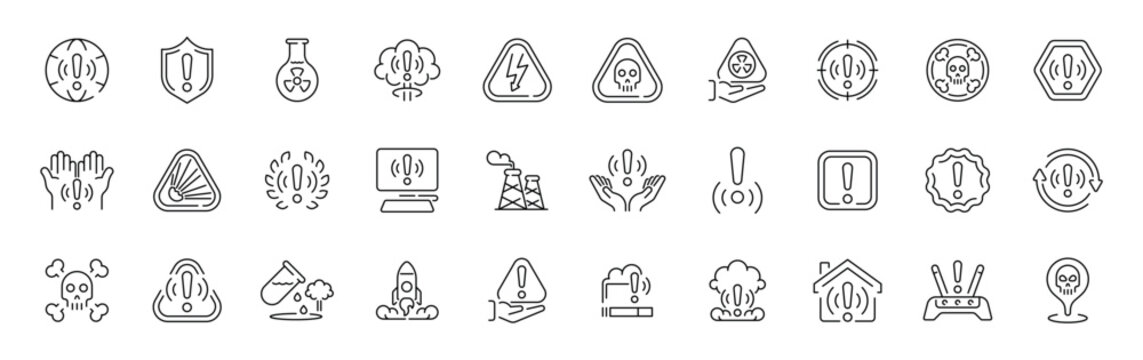 Hazard warning linear icon set: modern thin line symbols with editable stroke for safety alerts