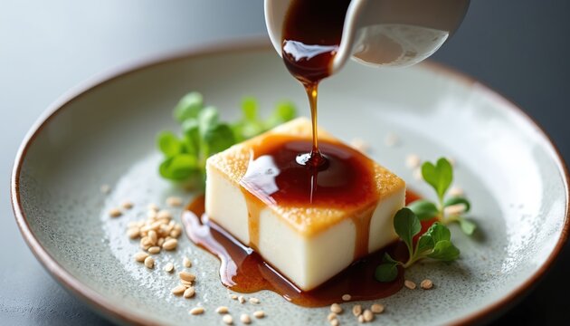 Soft sesame tofu dessert gets a kuromitsu syrup drizzle on elegant plate. A tasty Japanese sweet served with sesame seeds and fresh green leaves. Ready for eating.