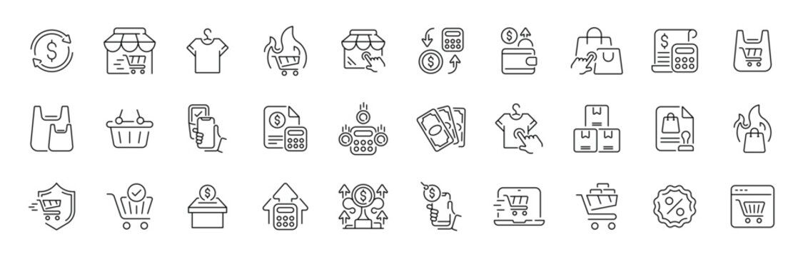 E-commerce online shopping icon set in linear style with editable stroke and thin line details