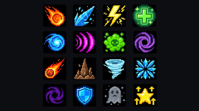 pixel art game element vector illustration of magical icons, fantasy icons for gaming applications, glowing magic spell effects