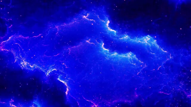 Deep blue cosmic nebula with glowing stars and vibrant galaxy energy clouds.