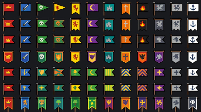 A vibrant collection of pixel art game elements and vector illustrations featuring a diverse array of flags and banners