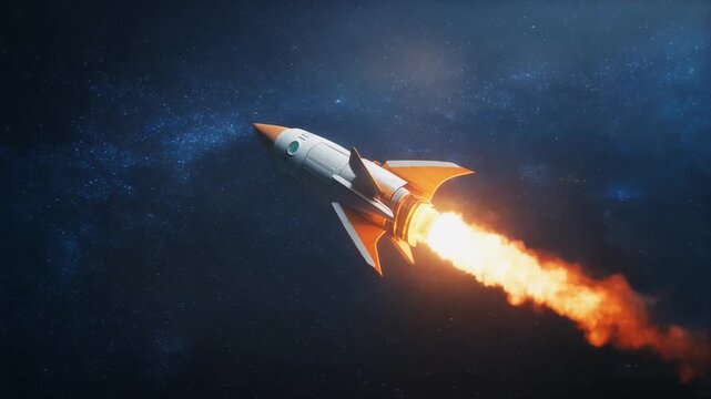 "Sleek white rocket with orange fins propels through starry cosmos, symbolizing exploration, technological advancement, and the boundless energy of space travel."