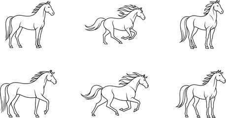 Fototapeta premium Beautiful Horse Line Art Icon Set Featuring Various Horse Poses and Movements for Equestrian Designs