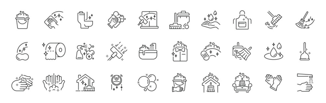 Cleaning and hygiene outline icon set in modern thin line style with editable stroke