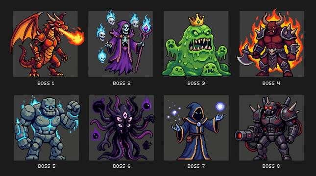 A versatile set of pixel art game monster boss elements, meticulously designed as striking vector illustrations, ideal for fantasy adventure game development