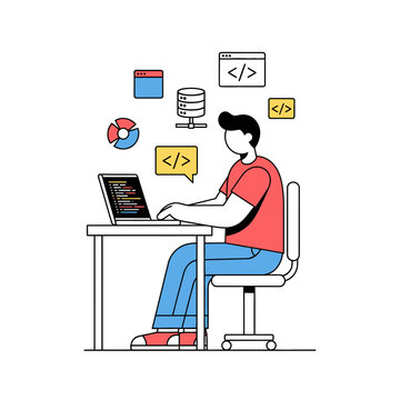 Software Developer Coding at Desk Flat Illustration for Programming and IT Concept