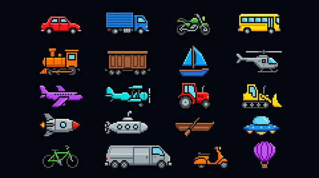 Pixel art game elements vector illustration of diverse vehicles and transportation modes, perfect for digital projects and creative designs