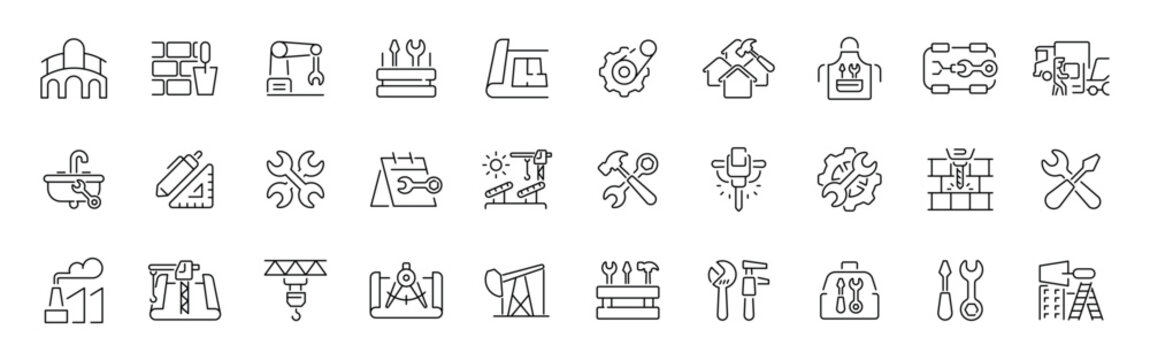 Construction and engineering outline icon set with thin line and editable stroke
