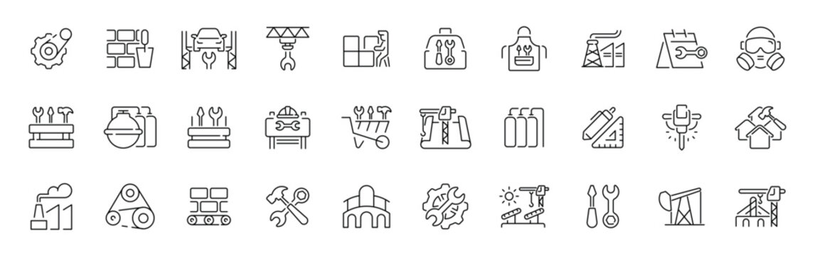 Industrial engineering outline icon set: thin line, editable stroke symbols for tools and manufacturing