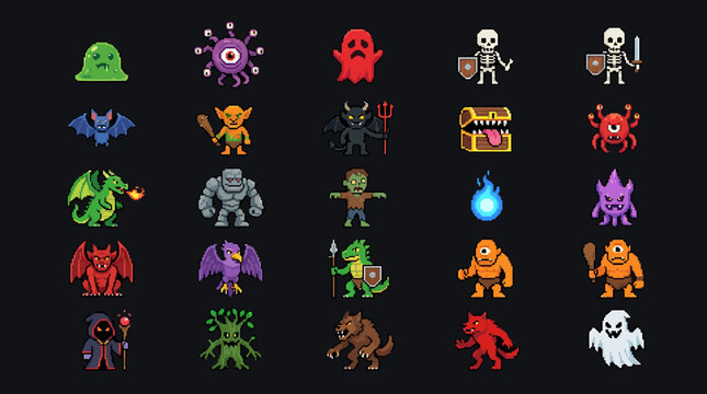 Assorted collection of 8-bit pixel art game elements, featuring diverse fantasy monsters and characters as vector illustrations for retro gaming projects and digital design