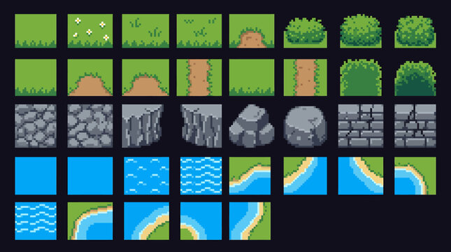 Assorted 8-bit pixel art game elements terrain, water, and objects, presented as a high-quality vector illustration for developing compelling retro game worlds