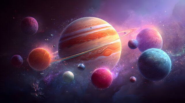 Colorful planets floating in space with cosmic nebula background