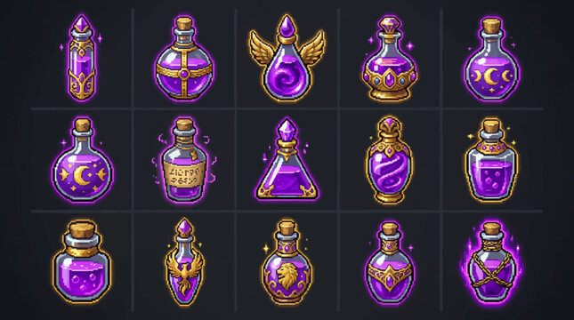 A diverse set of captivating 8-bit pixel art game element vector illustrations, showcasing various magical purple potion bottles for fantasy game assets