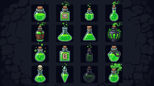 Vibrant pixel art game element vector illustration featuring a diverse collection of mystical green potions, perfect for fantasy RPGs and adventure titles