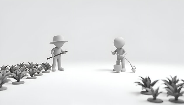 Minimal 3D Farming Scene with Characters Working in Agriculture