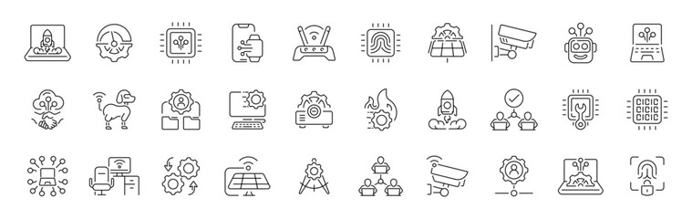 Fototapeta premium Technology innovation outline icon set: editable stroke, thin line style