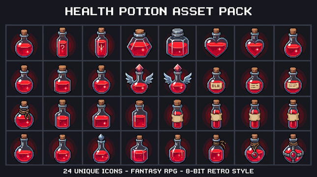 A diverse pixel art game element collection featuring various essential healing potions presented as detailed vector illustrations for retro fantasy adventures