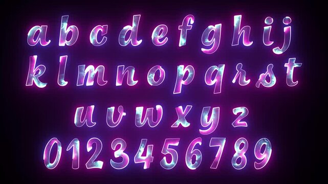 glowing neon alphabet and numbers on black background, retro futuristic style, On Screen
