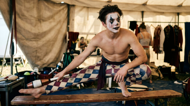 Shirtless man performer with clown makeup stretching on wooden bench in dressing room. Circus artist preparing for show. Athlete training behind scene. Entertainment career concept.