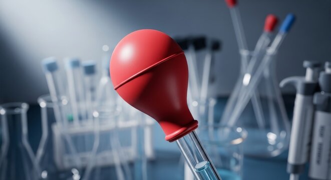 Red pipette filler bulb with glass tube in laboratory