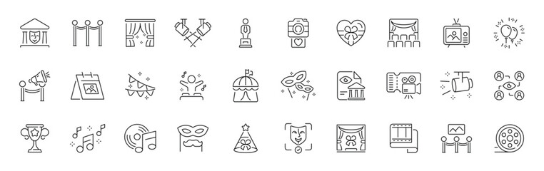 Naklejka premium Entertainment and events outline icon set. thin line editable stroke pictograms of music, film, celebration